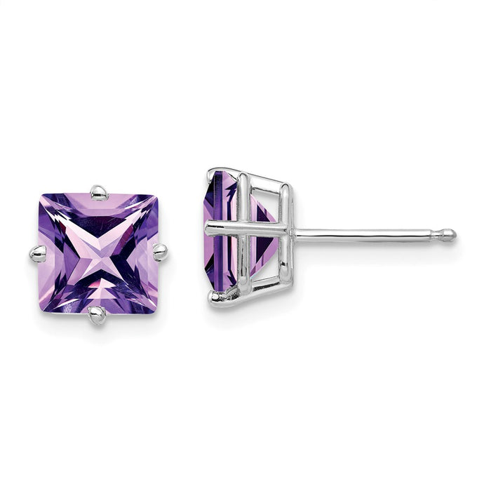 Million Charms 14k White Gold 7mm Princess Cut Amethyst Earrings, 7mm x 7mm
