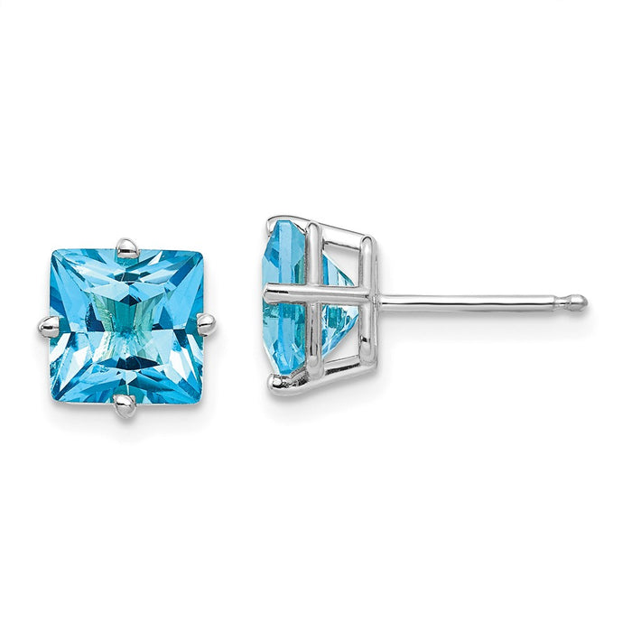 Million Charms 14k White Gold 7mm Princess Cut Blue Topaz Earrings, 7mm x 7mm