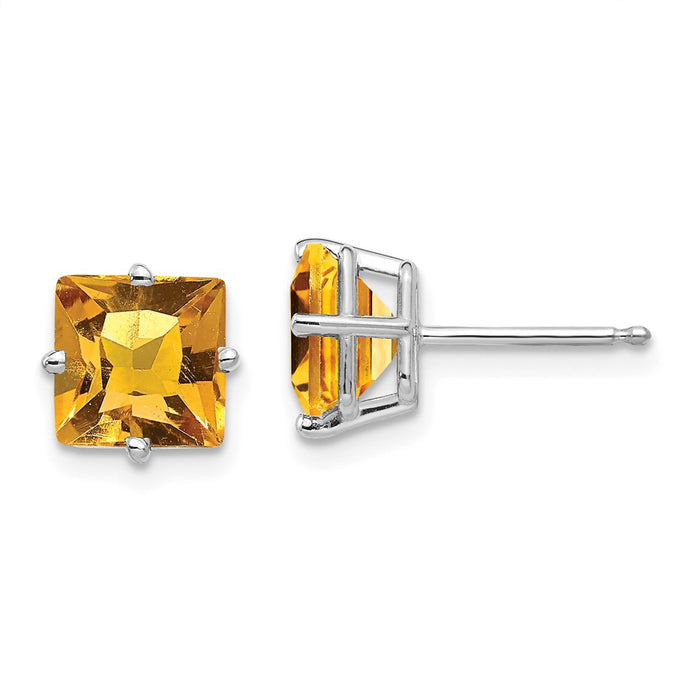 Million Charms 14k White Gold 7mm Princess Cut Citrine Earrings, 7mm x 7mm