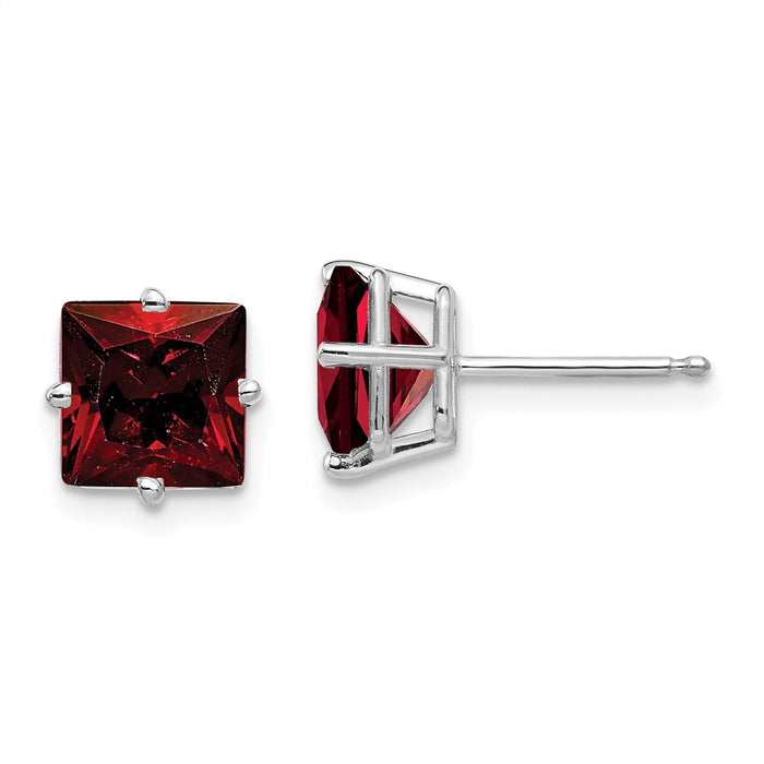 Million Charms 14k White Gold 7mm Princess Cut Garnet Earrings, 7mm x 7mm