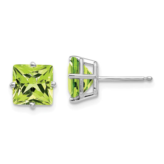 Million Charms 14k White Gold 7mm Princess Cut Peridot Earrings, 7mm x 7mm