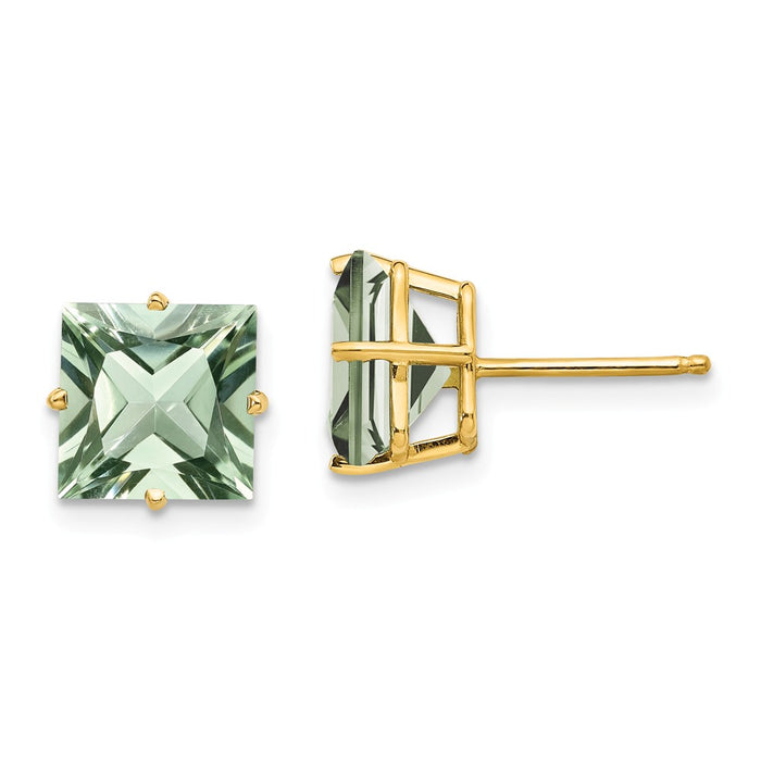 Million Charms 14k Yellow Gold 8mm Square Green Quartz Earrings, 9mm x 9mm