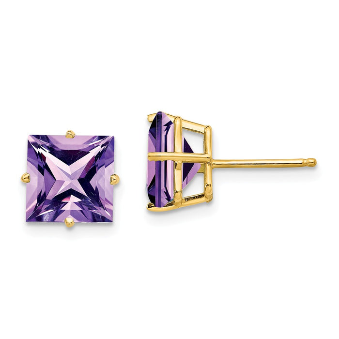 Million Charms 14k Yellow Gold 8mm Princess Cut Amethyst Earrings, 9mm x 9mm