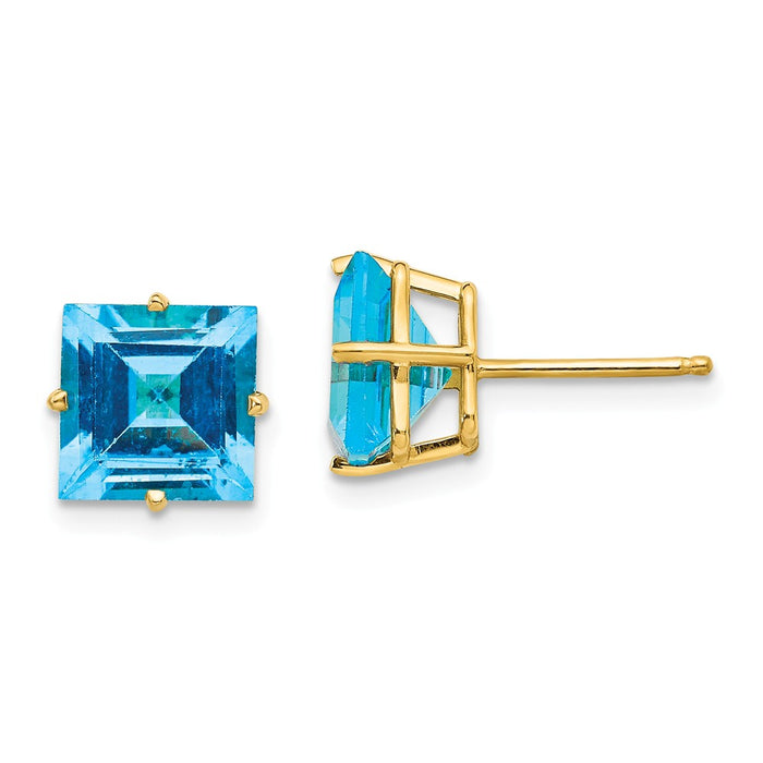 Million Charms 14k Yellow Gold 8mm Square Step Cut Blue Topaz Earrings, 9mm x 9mm