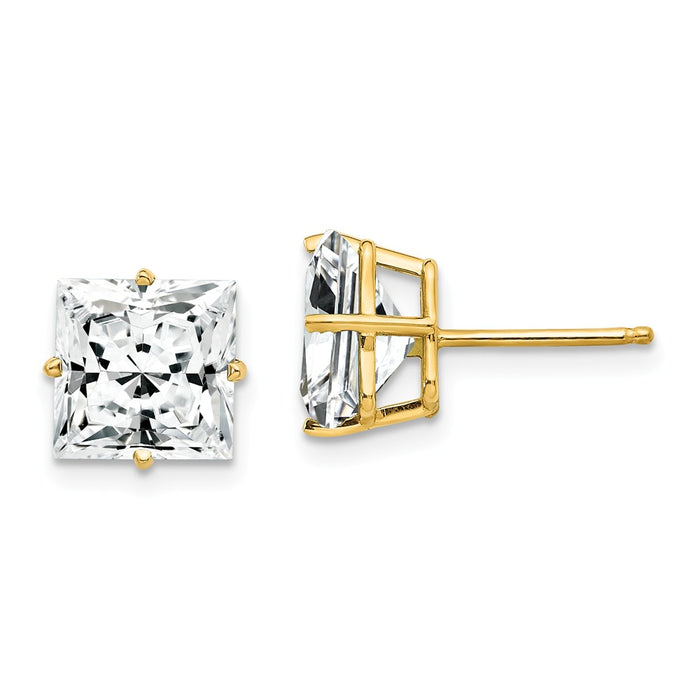 Million Charms 14k Yellow Gold 8mm Princess Cut Cubic Zirconia Earrings, 9mm x 9mm