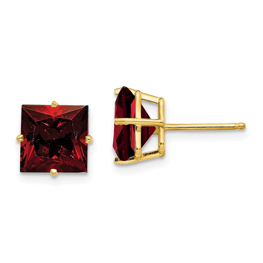 Million Charms 14k Yellow Gold 8mm Princess Cut Garnet Earrings, 9mm x 9mm