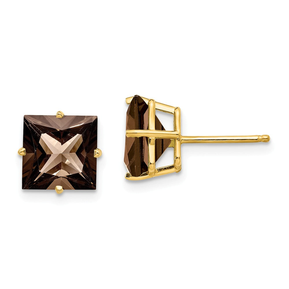 Million Charms 14k Yellow Gold 8mm Square Smoky Quartz Earrings, 9mm x 9mm