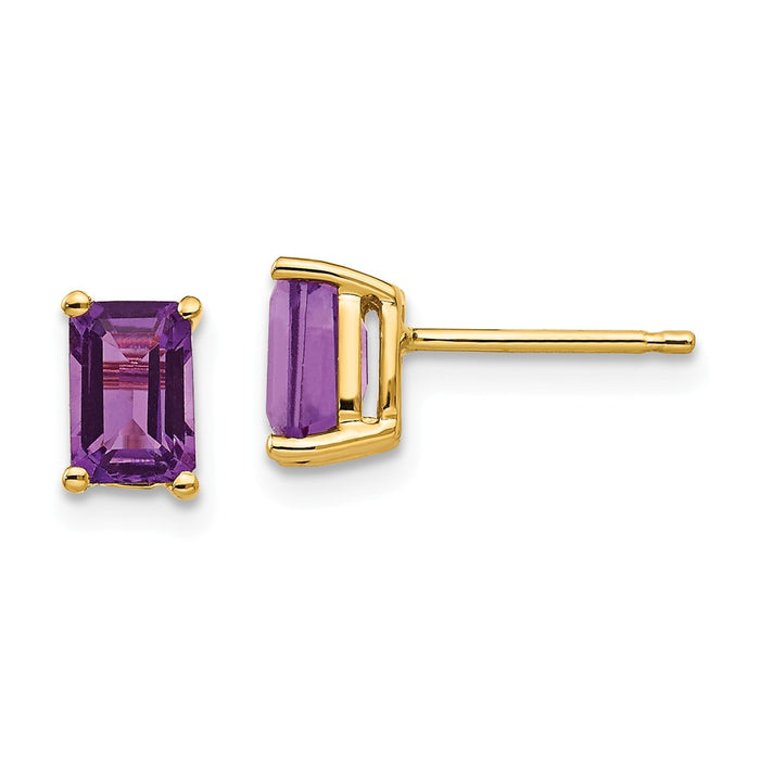 14k Yellow Gold 6x4mm Emerald Cut Amethyst Earrings, 7mm x 4mm