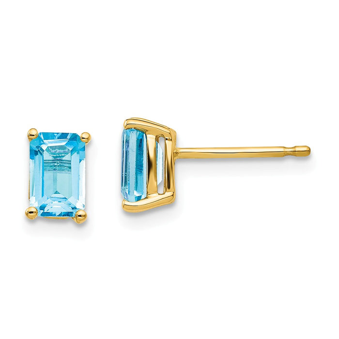 Million Charms 14k Yellow Gold 6x4mm Emerald Cut Blue Topaz Earrings, 7mm x 4mm