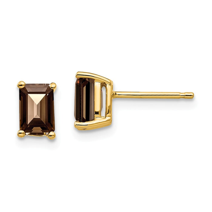 Million Charms 14k Yellow Gold 6x4 Emerald-Cut Smoky Quartz Earrings, 7mm x 4mm