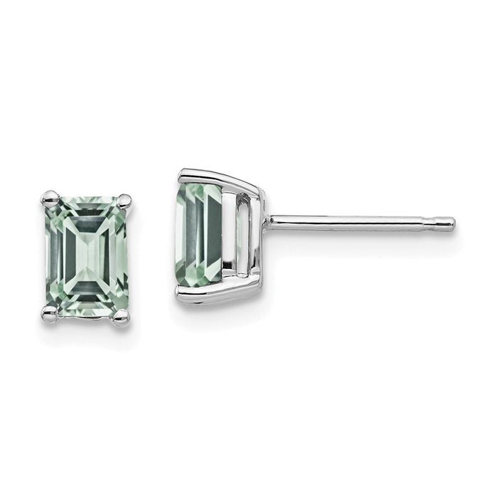 Million Charms 14k White Gold 6x4mm Emerald-Cut Green Quartz Earrings, 7mm x 4mm