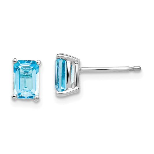 Million Charms 14k White Gold 6x4mm Emerald Cut Blue Topaz Earrings, 7mm x 4mm
