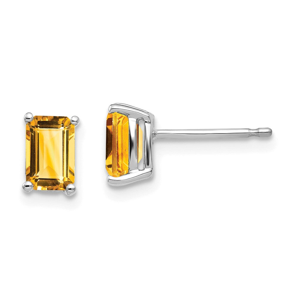 Million Charms 14k White Gold 6x4mm Emerald Cut Citrine Earrings, 7mm x 4mm