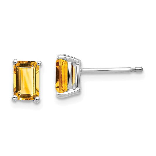 Million Charms 14k White Gold 6x4mm Emerald Cut Citrine Earrings, 7mm x 4mm