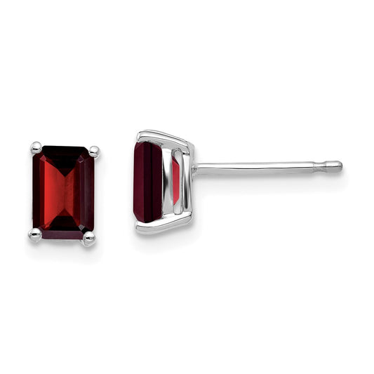 14k White Gold 6x4mm Emerald Cut Garnet Earrings, 7mm x 4mm