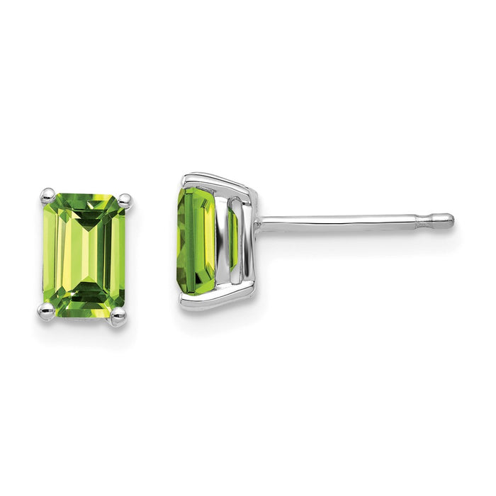 Million Charms 14k White Gold 6x4mm Emerald Cut Peridot Earrings, 7mm x 4mm