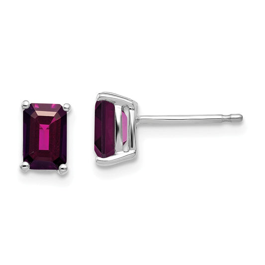 14k Emerald Cut Rhodolite Garnet Stud Earrings, 7mm x 4mm
