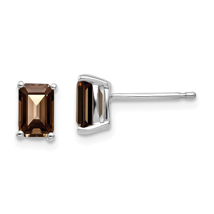 Million Charms 14k White Gold 6x4mm Emerald-Cut Smoky Quartz Earrings, 7mm x 4mm