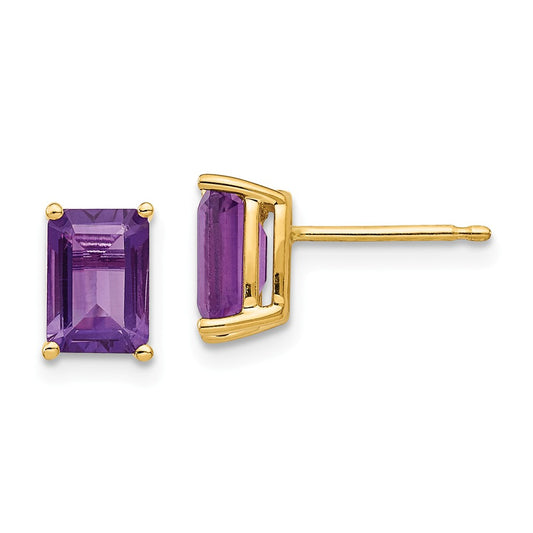 14k Yellow Gold 7x5mm Emerald Cut Amethyst Earrings, 8mm x 5mm