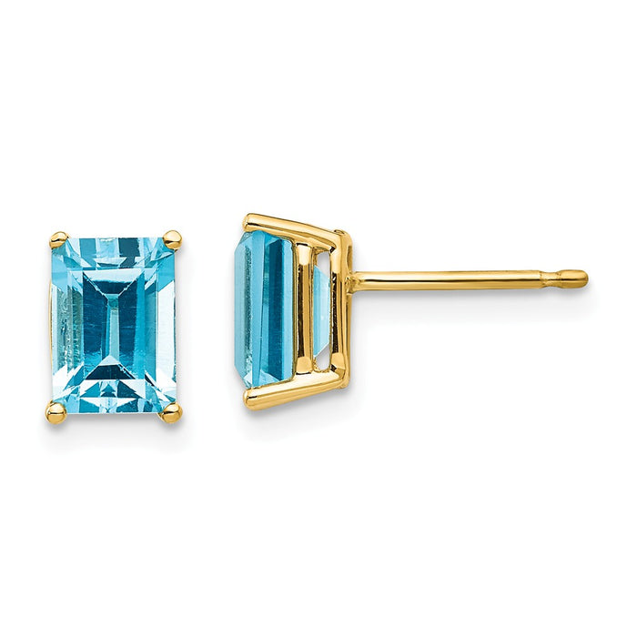 Million Charms 14k Yellow Gold 7x5mm Emerald Cut Blue Topaz Earrings, 8mm x 5mm