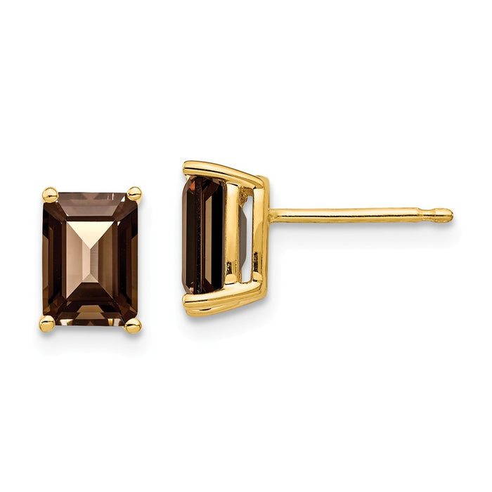 Million Charms 14k Yellow Gold 7x5 Emerald-Cut Smoky Quartz Earrings, 8mm x 5mm