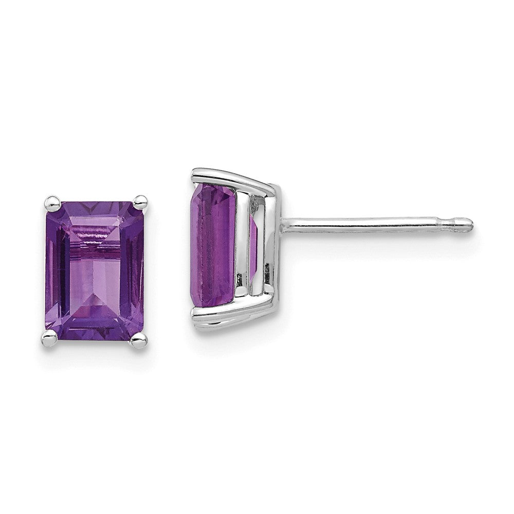 14k White Gold 7x5mm Emerald Cut Amethyst Earrings, 8mm x 5mm