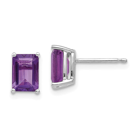 14k White Gold 7x5mm Emerald Cut Amethyst Earrings, 8mm x 5mm