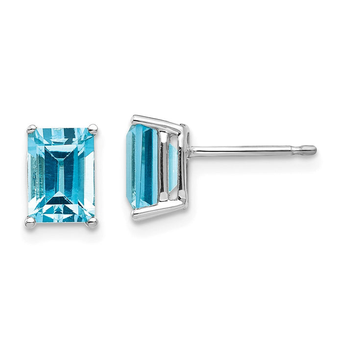 Million Charms 14k White Gold 7x5mm Emerald Cut Blue Topaz Earrings, 8mm x 5mm