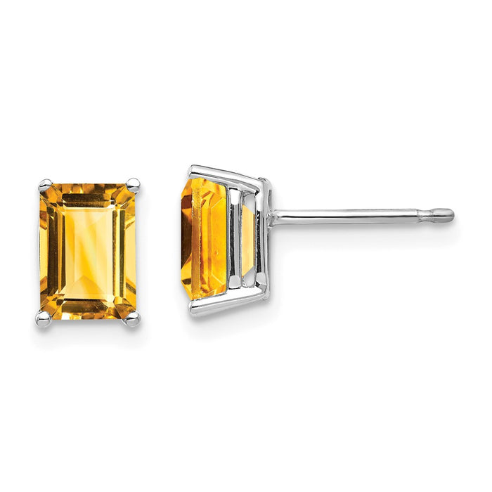 Million Charms 14k White Gold 7x5mm Emerald Cut Citrine Earrings, 8mm x 5mm