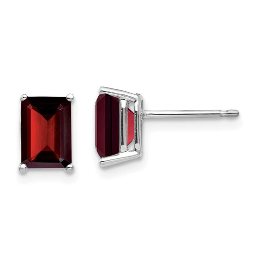 14k White Gold 7x5mm Emerald Cut Garnet Earrings, 8mm x 5mm
