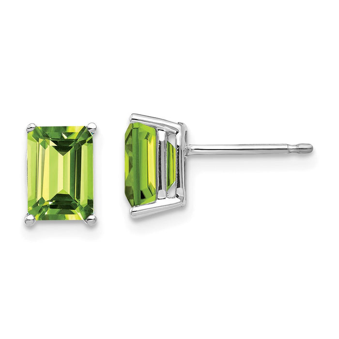 Million Charms 14k White Gold 7x5mm Emerald Cut Peridot Earrings, 8mm x 5mm