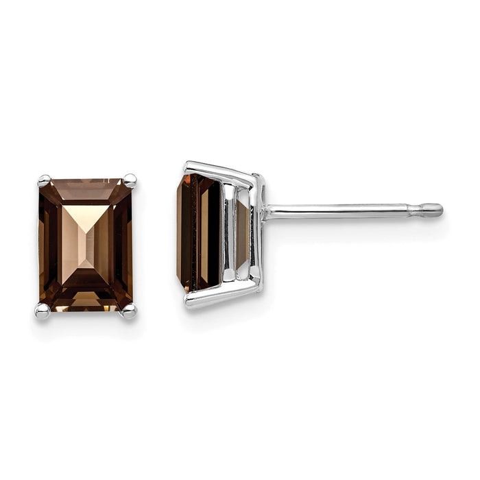 Million Charms 14k White Gold 7x5mm Emerald-Cut Smoky Quartz Earrings, 8mm x 5mm