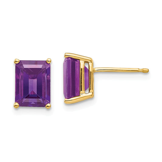 14k Yellow Gold 8x6mm Emerald Cut Amethyst Earrings, 9mm x 6mm
