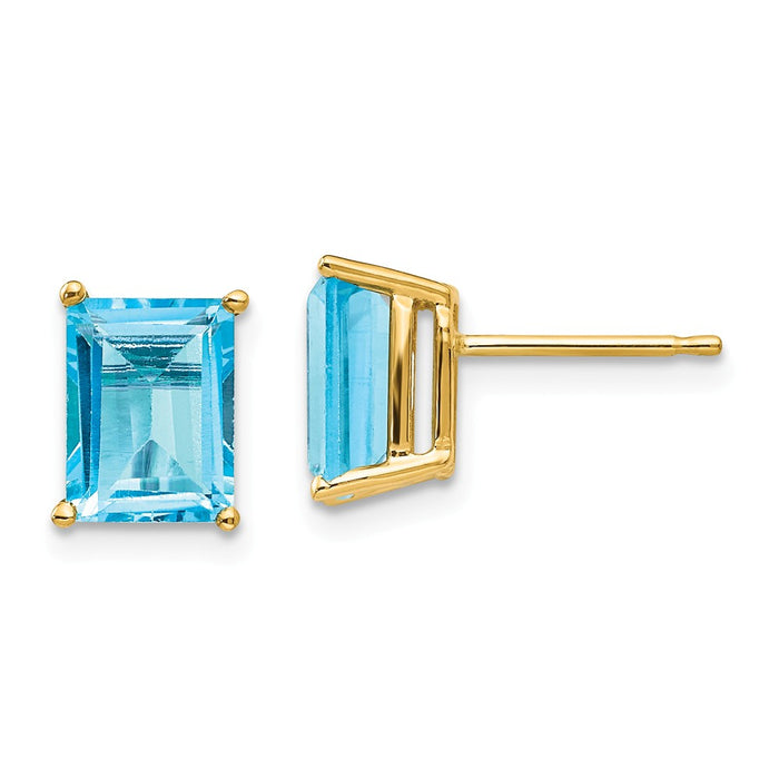 Million Charms 14k Yellow Gold 8x6mm Emerald Cut Blue Topaz Earrings, 9mm x 6mm