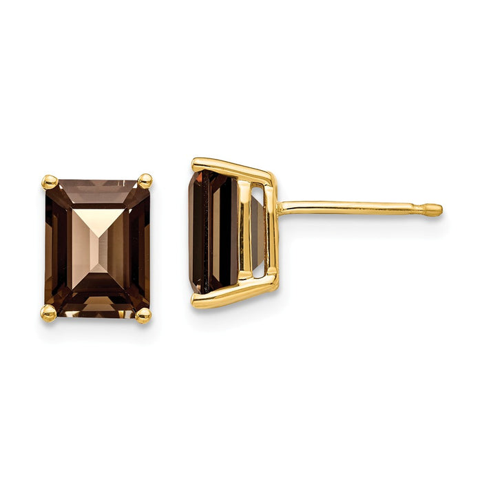 Million Charms 14k Yellow Gold 8x6 Emerald-Cut Smoky Quartz Earrings, 9mm x 6mm