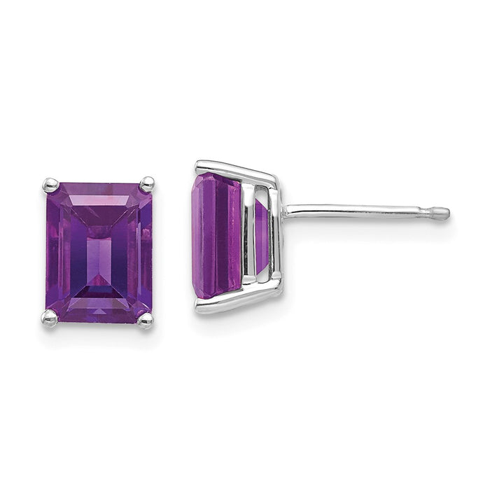 14k White Gold 8x6mm Emerald Cut Amethyst Earrings, 9mm x 6mm