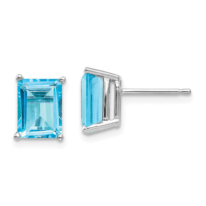 Million Charms 14k White Gold 8x6mm Emerald Cut Blue Topaz Earrings, 9mm x 6mm