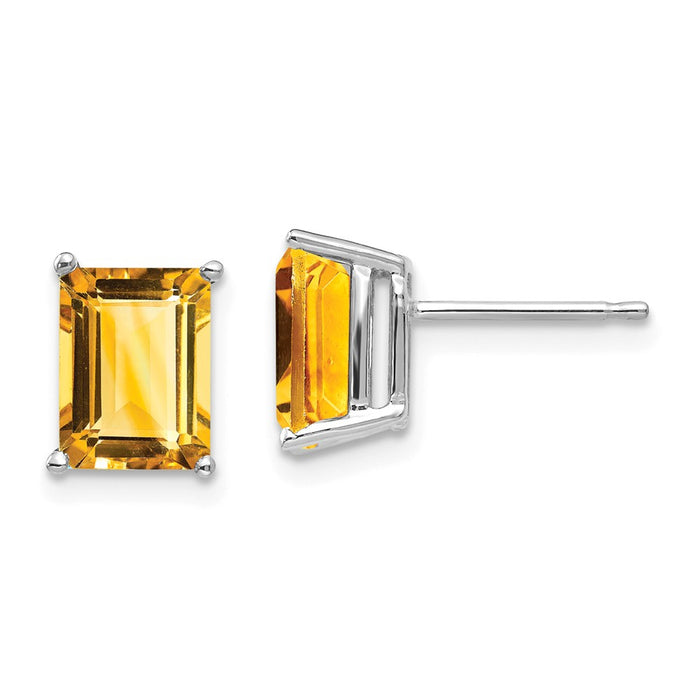 Million Charms 14k White Gold 8x6mm Emerald Cut Citrine Earrings, 9mm x 6mm