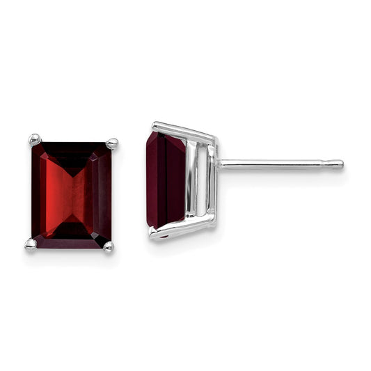 14k White Gold 8x6mm Emerald Cut Garnet earring, 9mm x 6mm