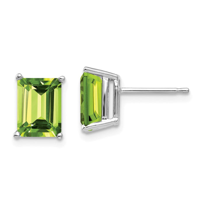 Million Charms 14k White Gold 8x6mm Emerald Cut Peridot Earrings, 9mm x 6mm