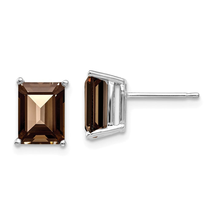 Million Charms 14k White Gold 8x6mm Emerald-Cut Smoky Quartz Earrings, 9mm x 6mm