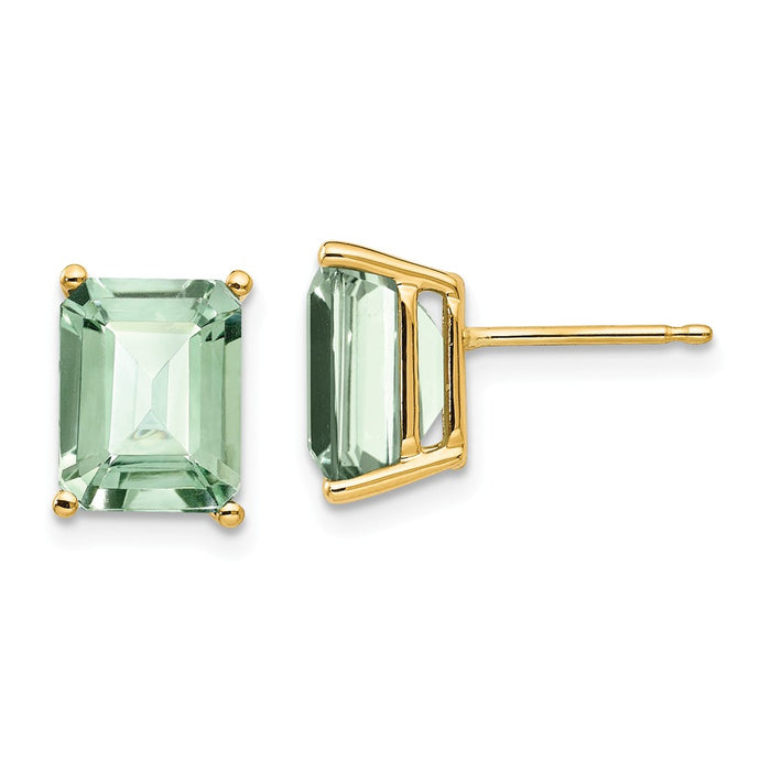 Million Charms 14k Yellow Gold 9x7 Emerald-Cut Green Quartz Earrings, 9mm x 7mm