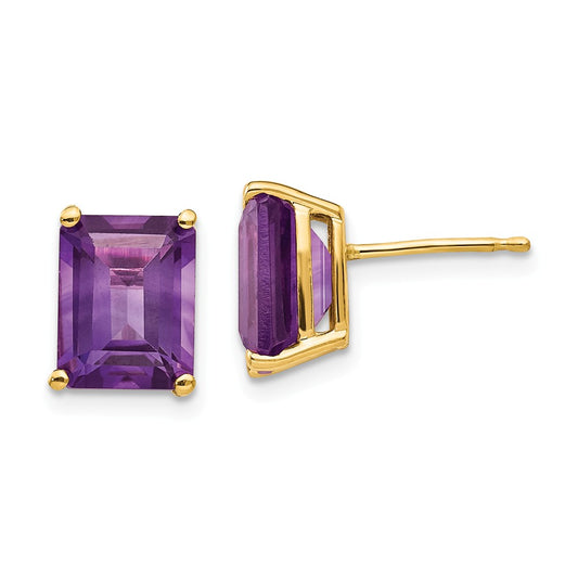14k Yellow Gold 9x7mm Emerald Cut Amethyst Earrings, 9mm x 7mm