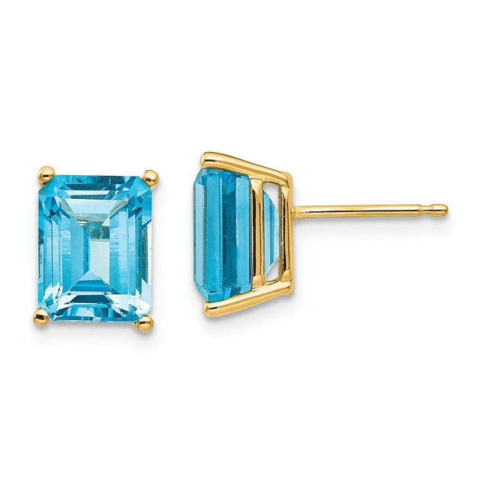 Million Charms 14k Yellow Gold 9x7mm Emerald Cut Blue Topaz Earrings, 9mm x 7mm