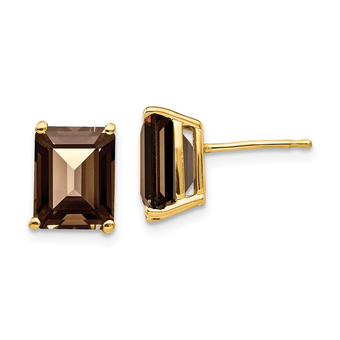 Million Charms 14k Yellow Gold 9x7 Emerald-Cut Smoky Quartz Earrings, 9mm x 7mm