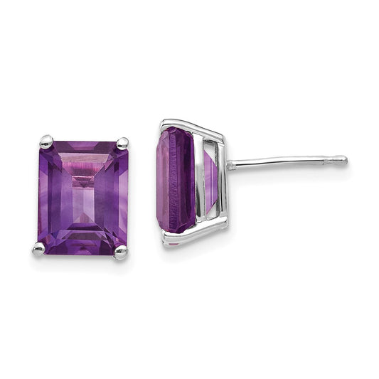 14k White Gold 9x7mm Emerald Cut Amethyst Earrings, 9mm x 7mm