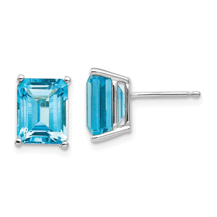 Million Charms 14k White Gold 9x7mm Emerald Cut Blue Topaz Earrings, 9mm x 7mm