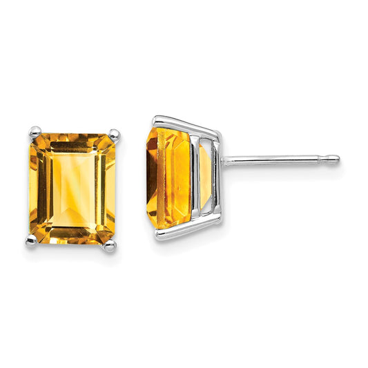 Million Charms 14k White Gold 9x7mm Emerald Cut Citrine Earrings, 9mm x 7mm