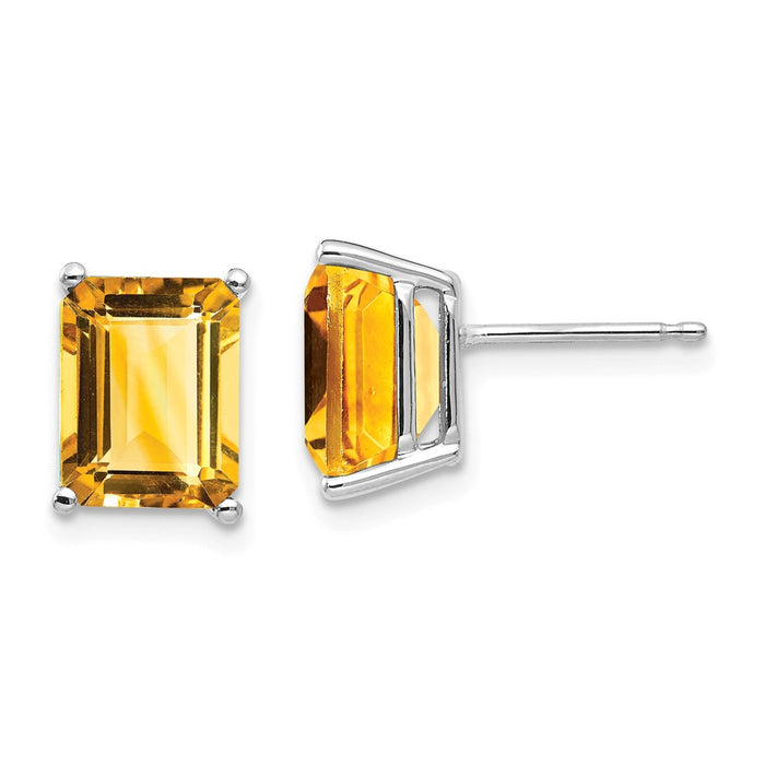 Million Charms 14k White Gold 9x7mm Emerald Cut Citrine Earrings, 9mm x 7mm