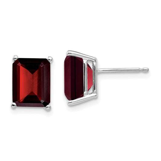 14k White Gold 9x7mm Emerald Cut Garnet Earrings, 9mm x 7mm